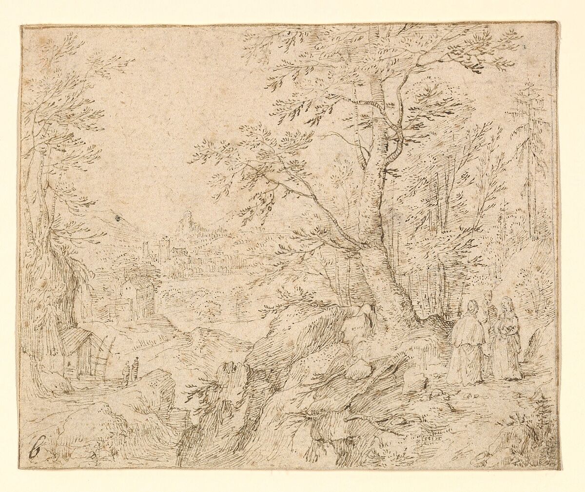 Rugged Wooded River Landscape with Travellers on a Road and a Town Beyond, Philip van den Bossche (Netherlandish, active ca. 1604–15), Pen and brown ink; framing line in pen and brown ink 