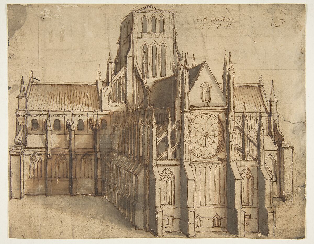Old St. Paul's Cathedral, London, seen from the East, Wenceslaus Hollar (Bohemian, Prague 1607–1677 London), Pen and brown ink and brown and gray wash over black chalk, squared in black chalk, and incised 