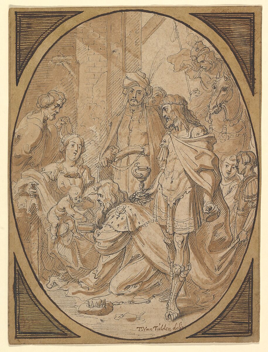 The Adoration of the Magi, Theodoor van Thulden (Flemish, &#39;s-Hertogenbosch 1606–1669 &#39;s-Hertogenbosch), Pen and black ink, brush and brown wash, over black chalk or graphite; double framing lines in pen and brown ink and brush and brown wash, probably by the artist 