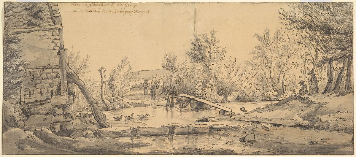 Watermill near Maastricht, Valentijn Klotz (Dutch, ca. 1650–1718 The Hague), Pen and gray and brown ink, gray wash; framing line in pen and gray ink 