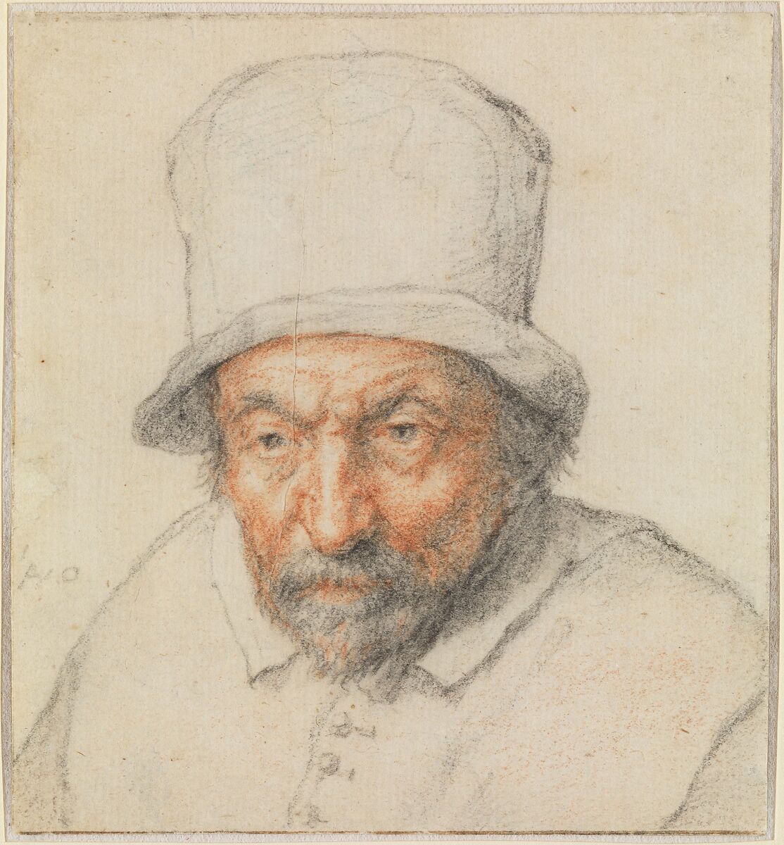 Head of a Bearded Man in a Hat, Adriaen van Ostade (Dutch, Haarlem 1610–1685 Haarlem), Black and red chalk, blue pastel 