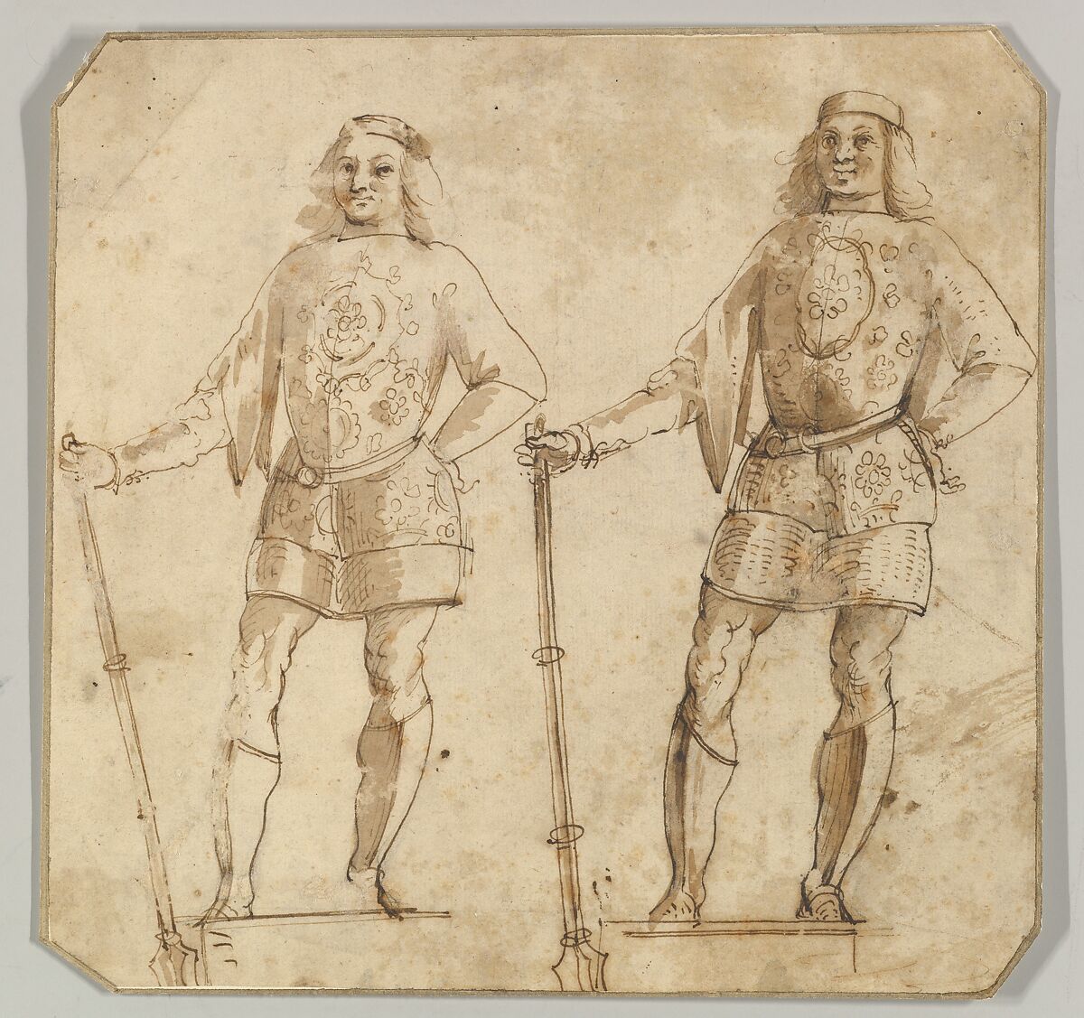 Studies of a Soldier, Giovanni Buonconsiglio (Italian, Vicenza 1465/70?–?1535/38 Venice), Pen and brown ink and brown wash over black chalk 