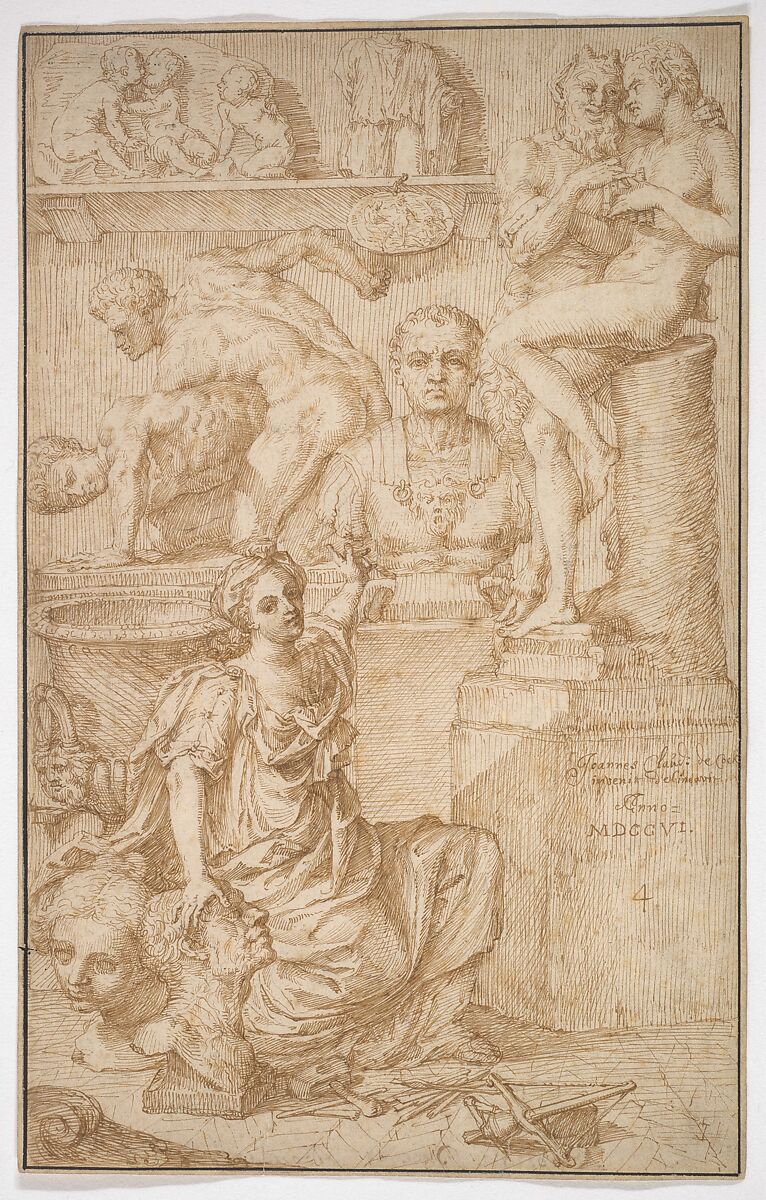 Allegory of Sculpture, Jan Claudius de Cock (Flemish, Brussels 1668–1735 Antwerp), Pen and brown ink 