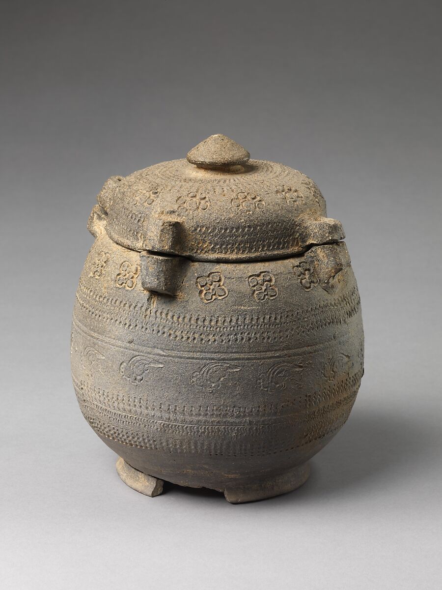 Covered urn with geometric decoration, Stoneware with stamped decoration, Korea