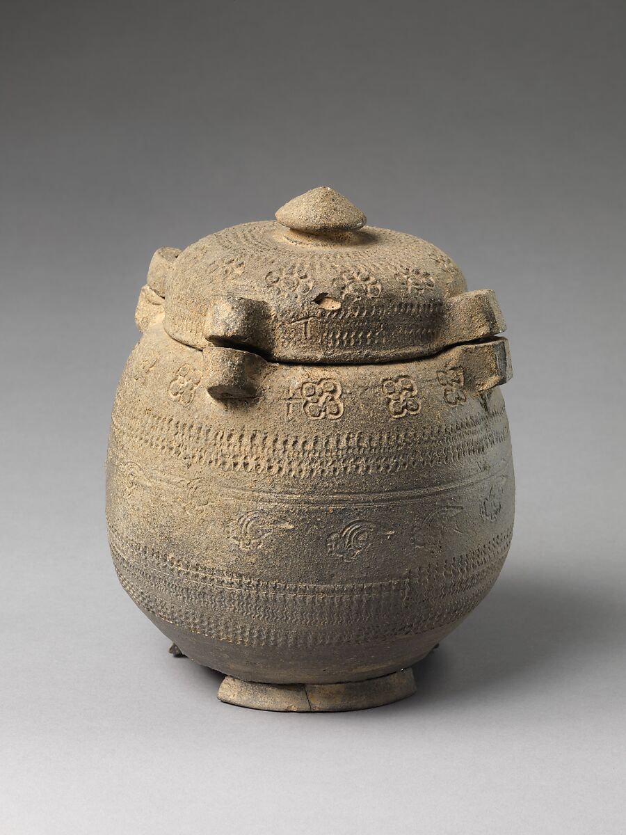 Covered urn with geometric decoration, Stoneware with stamped decoration, Korea