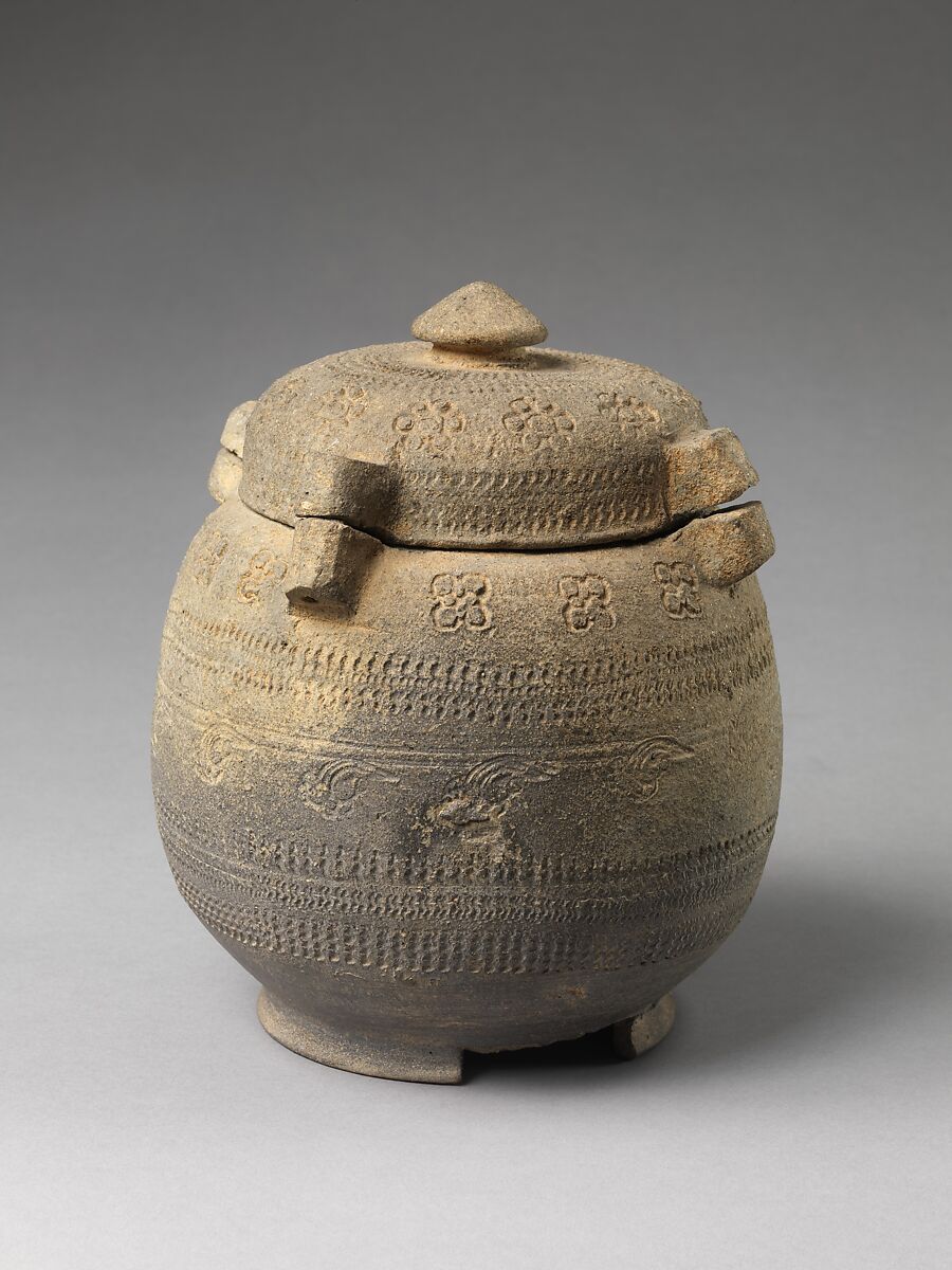 Covered urn with geometric decoration, Stoneware with stamped decoration, Korea