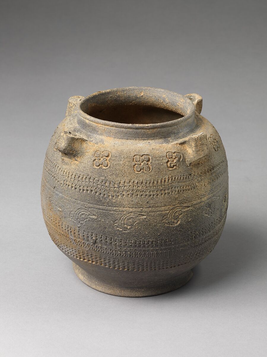Covered urn with geometric decoration, Stoneware with stamped decoration, Korea