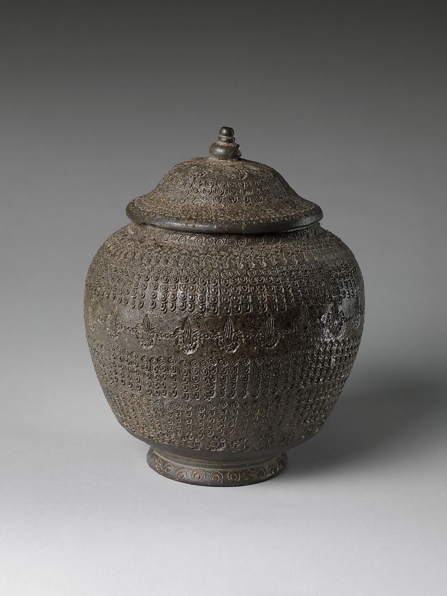 Covered urn with geometric decoration, Stoneware with stamped design, Korea
