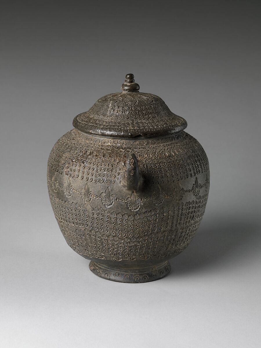 Covered urn with geometric decoration, Stoneware with stamped design, Korea