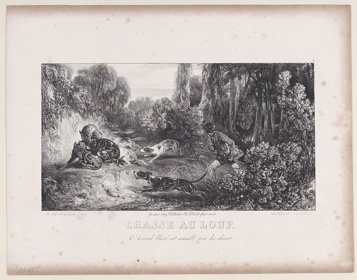 Wolf Hunt: Animal Wounded and Attacked by Dogs, from "Hunting Scenes", Alexandre-Gabriel Decamps (French, Paris 1803–1860 Fontainebleau), Lithograph 