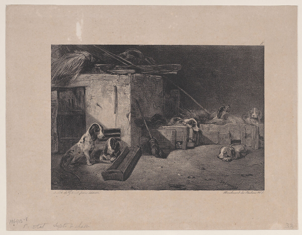 Interior of the Kennel, from "Hunting Scenes", Alexandre-Gabriel Decamps (French, Paris 1803–1860 Fontainebleau), Lithograph 