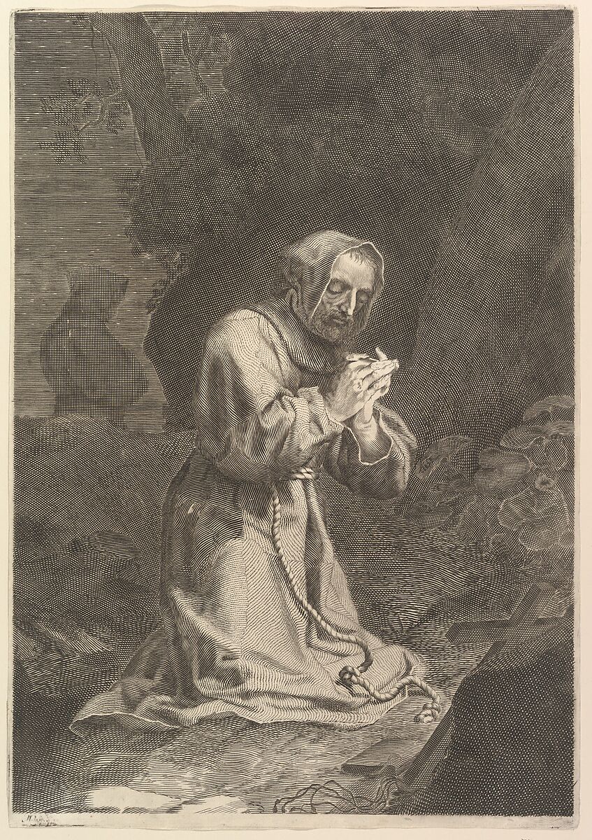St. Francis of Assisi, Nicolas Bazin (French, Troyes 1633–1710 Troyes), Engraving; copy in reverse 