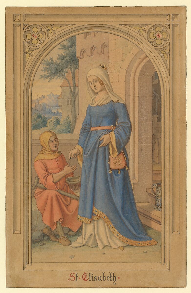 Saint Elizabeth of Thuringia Giving Alms, Karl Ballenberger (German, Ansbach 1801–1860 Frankfurt am Main), Pen and gray ink, brush and gray wash, watercolor, gold paint, over graphite; original wooden frame
