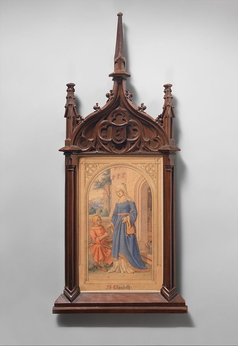 Saint Elizabeth of Thuringia Giving Alms, Karl Ballenberger (German, Ansbach 1801–1860 Frankfurt am Main), Pen and gray ink, brush and gray wash, watercolor, gold paint, over graphite; original wooden frame