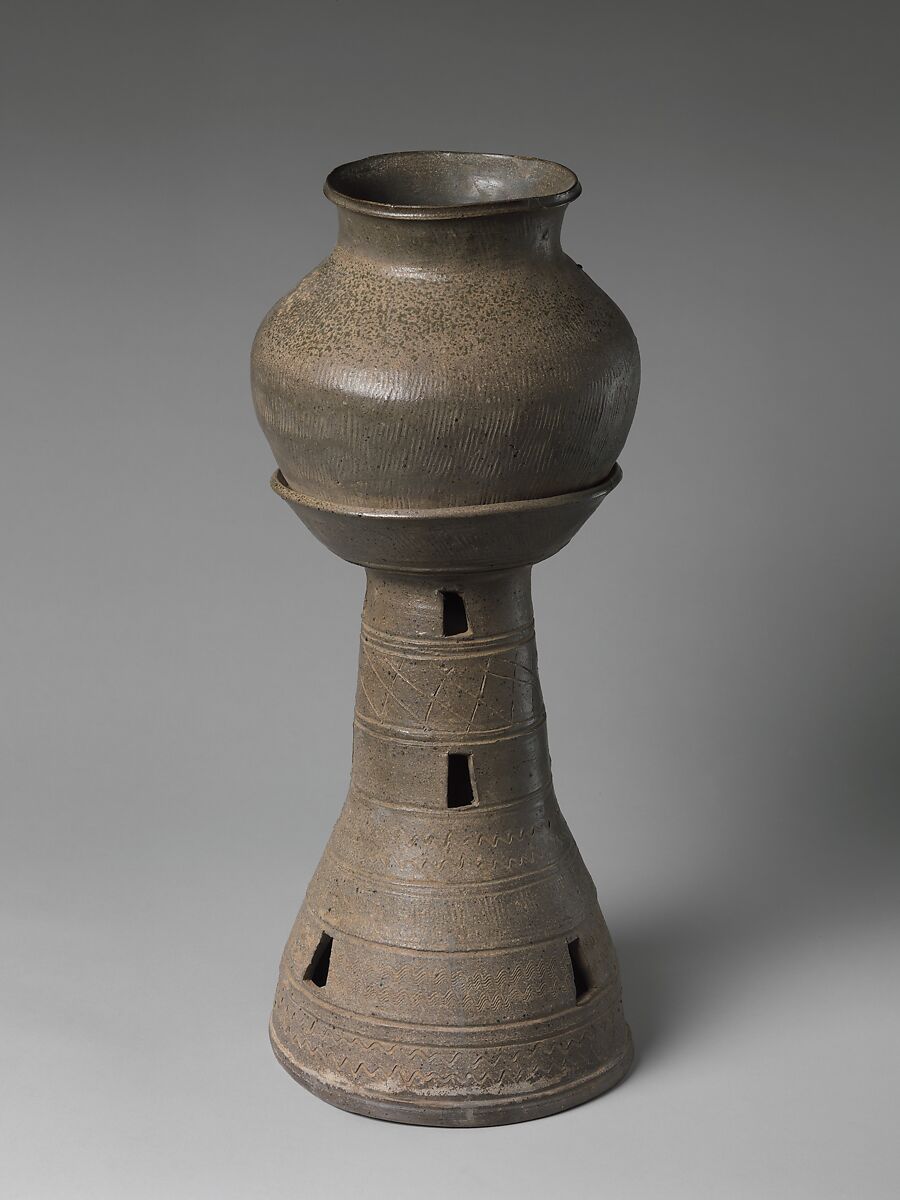 Jar and tall perforated stand, Stoneware with traces of incidental ash glaze, Korea 