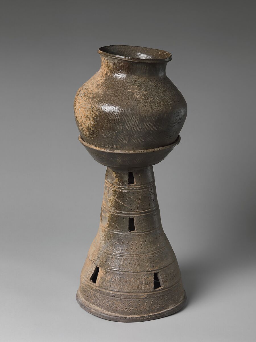 Jar and tall perforated stand, Stoneware with traces of incidental ash glaze, Korea