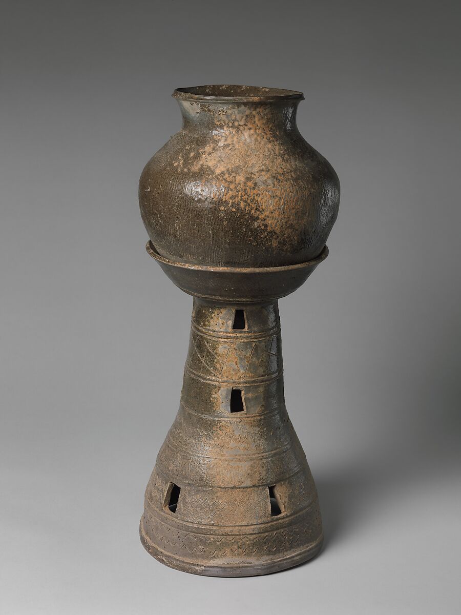 Jar and tall perforated stand, Stoneware with traces of incidental ash glaze, Korea
