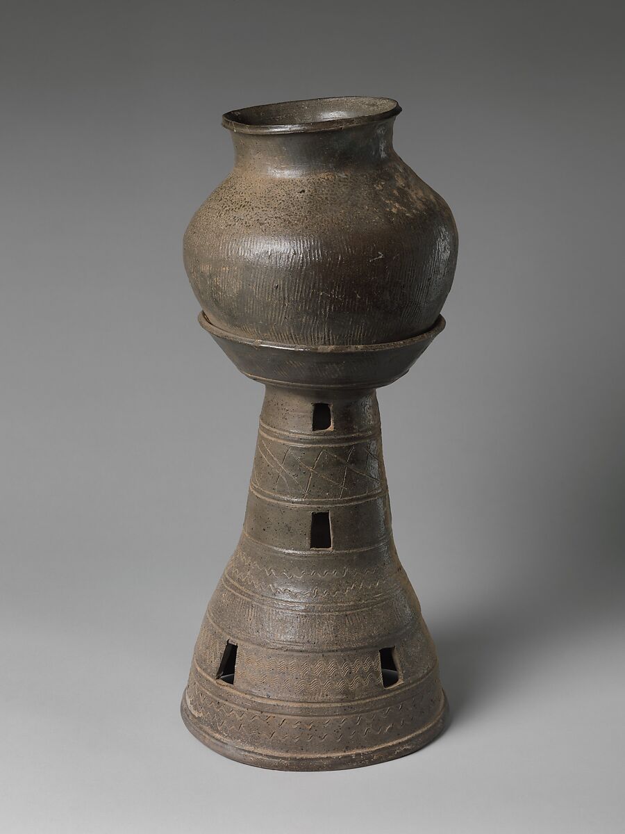 Jar and tall perforated stand, Stoneware with traces of incidental ash glaze, Korea