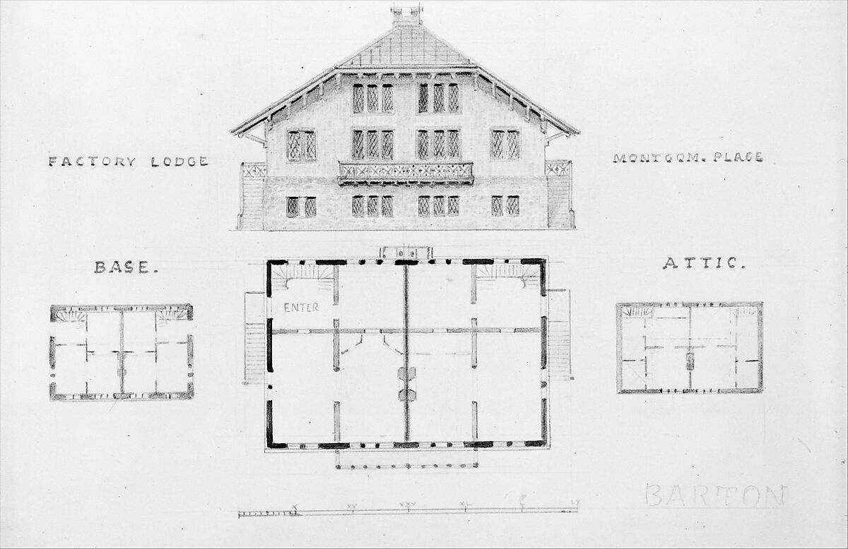 Switz[erland] Cottage (elevation and three plans), and Factory Lodge (elevation and three plans) for Montgomery Place, Annandale-on-Hudson, New York, Alexander Jackson Davis (American, New York 1803–1892 West Orange, New Jersey), Watercolor, ink and graphite 