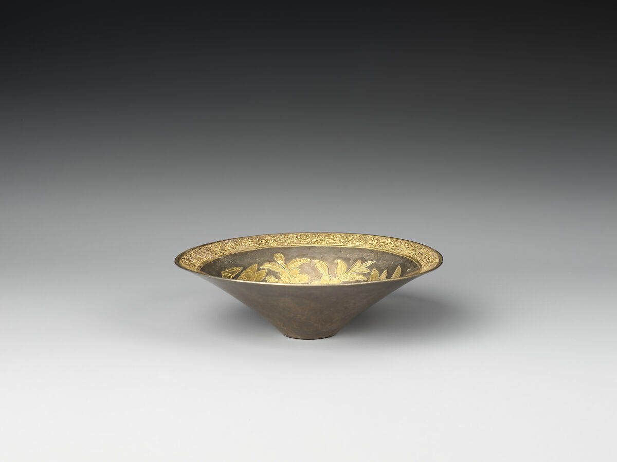 Conical bowl with flowers and birds (one from a set), Silver with chased and punched decoration and gilding, China 