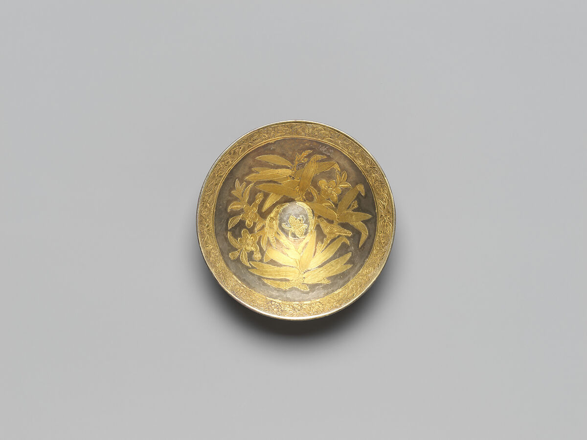 Conical bowl with flowers and birds (one from a set), Silver with chased and punched decoration and gilding, China