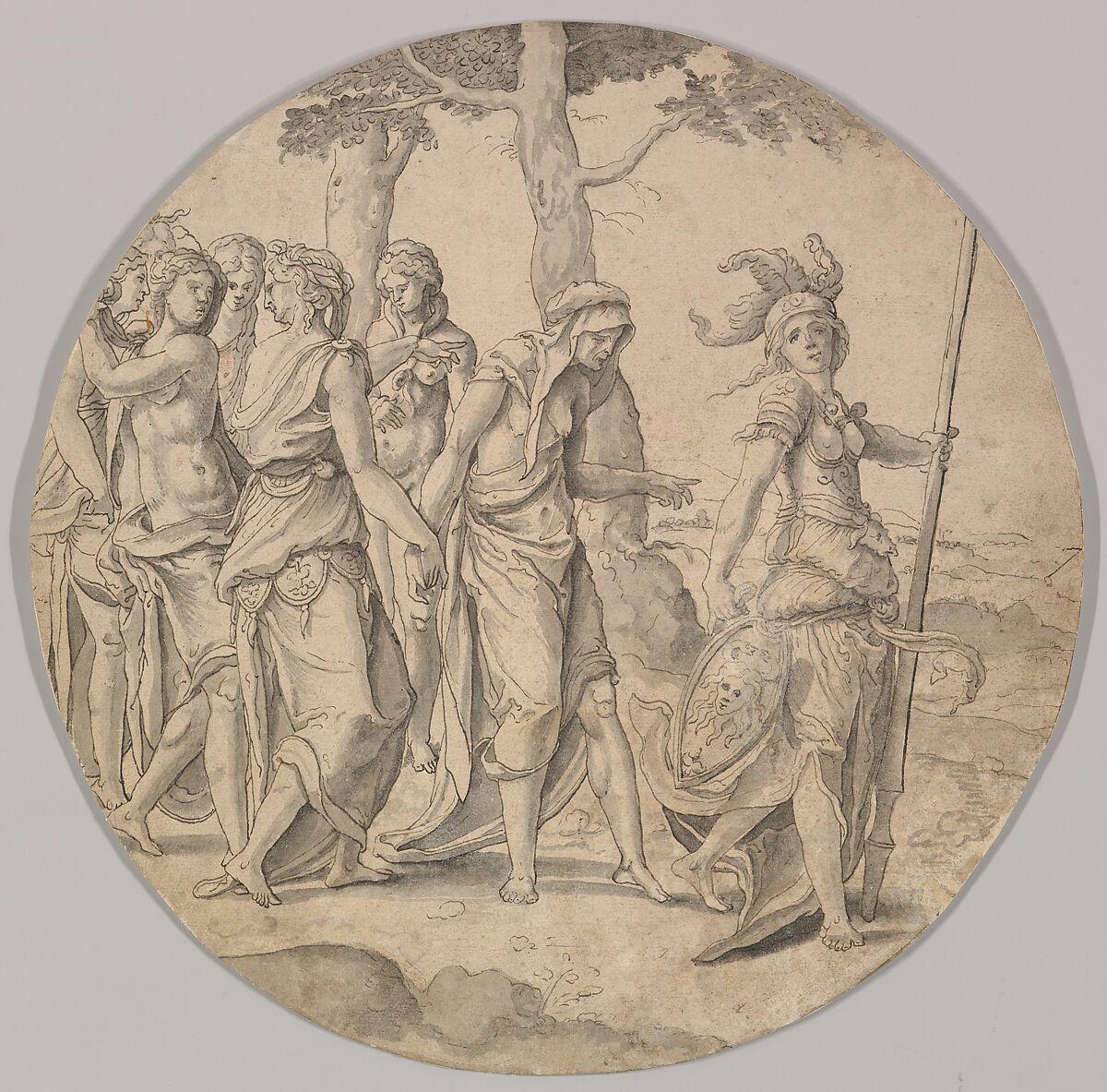 Minerva Leading a Procession of Women, Circle of Pieter Coecke van Aelst (Netherlandish, Aelst 1502–1550 Brussels), Pen and brown ink, brush and gray ink 