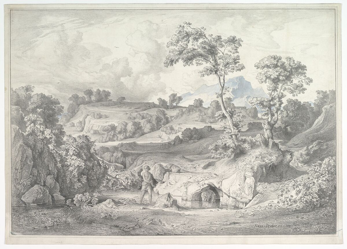 Southern landscape with a man and a snake, Heinrich Dreber (German, Dresden 1822–1875 Anticoli di Campagna, near Rome), Graphite, blue watercolor 