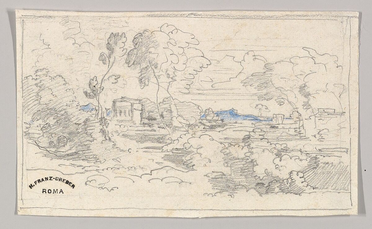 Southern landscape with a building, Heinrich Dreber (German, Dresden 1822–1875 Anticoli di Campagna, near Rome), Graphite, blue watercolor 