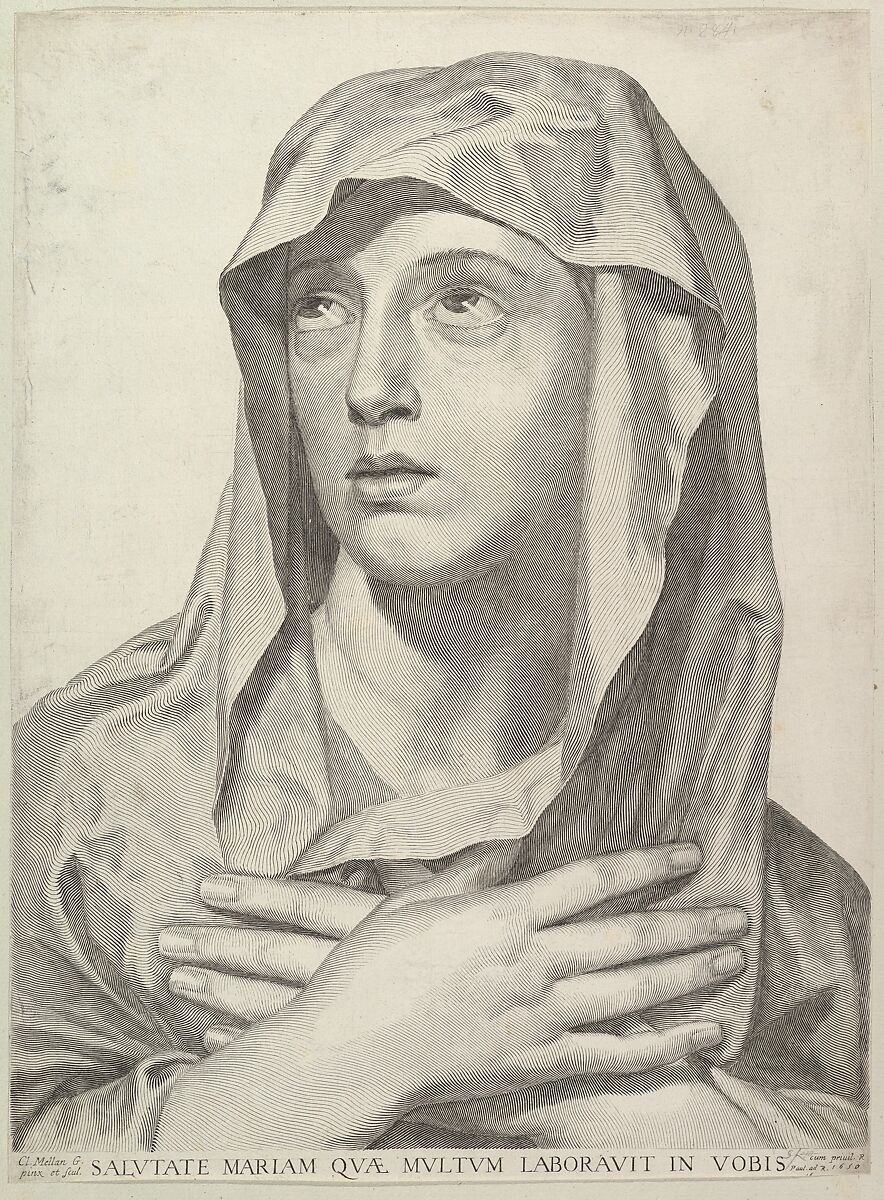 Bust of the Virgin, Claude Mellan (French, Abbeville 1598–1688 Paris), Engraving 