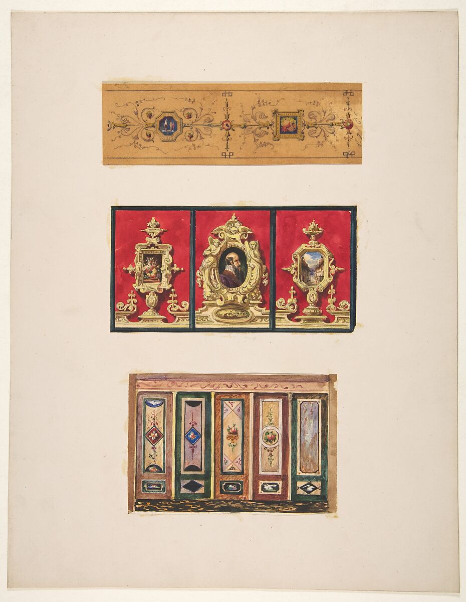 Designs for panels, Jules-Edmond-Charles Lachaise (French, died 1897), graphite, pen and ink, watercolor, and gold paint on tracing paper, mounted on wove paper 