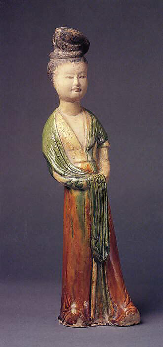 Standing court lady, Earthenware with three color (sancai) glaze and pigment, China 