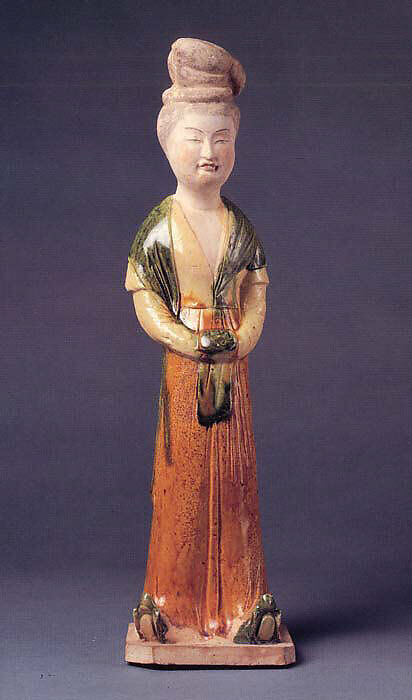 Standing court lady, Earthenware with three-color (sancai) glaze and pigment, China 