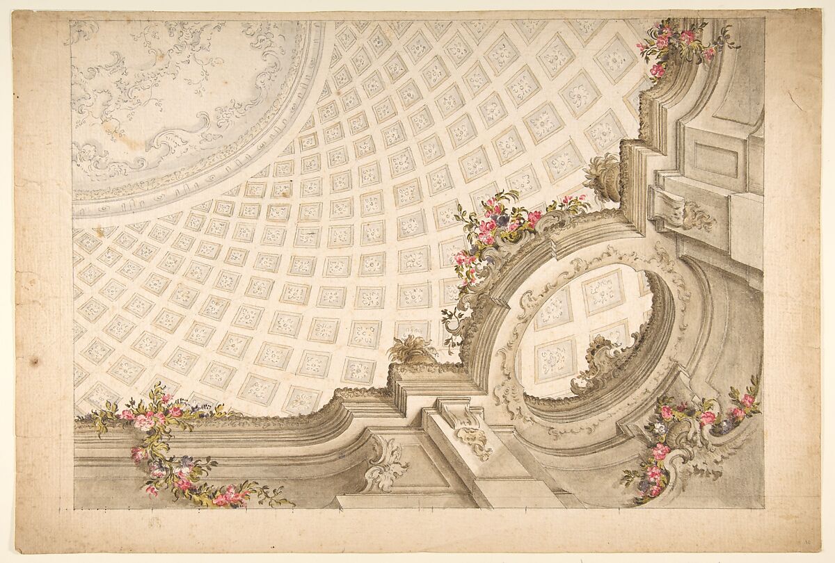 Design for a Cupola Decoration, Giovanni Antonio Torricelli (Italian, Lugano 1716–1781 North Italy), Pen and gray ink, brush and gray, brown and colored wash 