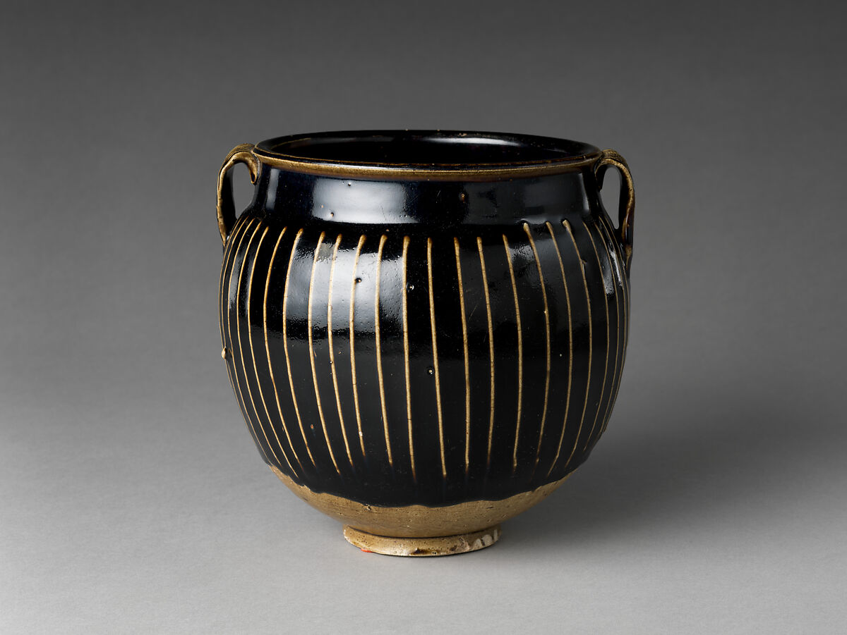Jar with Handles, Stoneware with applied white slip ribs and black glaze (Cizhou ware), China