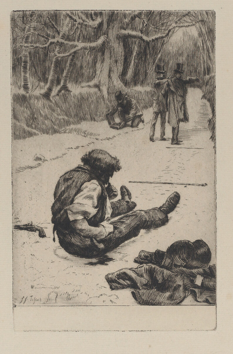 Renée Mauperin: Henri Mauperin Wounded after the Duel with Boisjorand de Villacourt, James Tissot (French, Nantes 1836–1902 Chenecey-Buillon), Etching; second state of two 