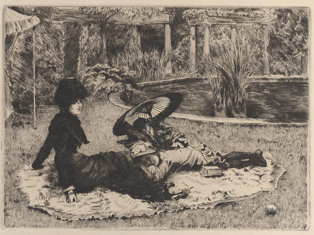 On the Grass, James Tissot (French, Nantes 1836–1902 Chenecey-Buillon), Etching and drypoint on laid paper; second state of two 