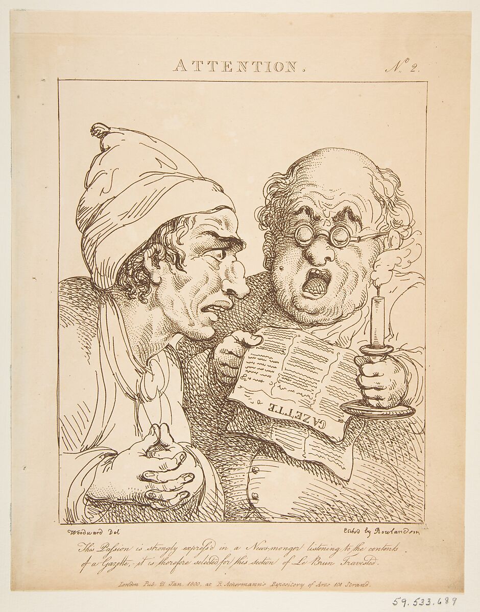 Attention (Le Brun Travested, or Caricatures of the Passions), Thomas Rowlandson (British, London 1757–1827 London), Etching, printed in brown ink 