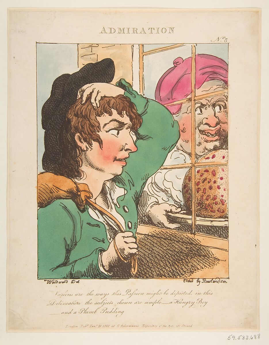 Admiration (Le Brun Travested, or Caricatures of the Passions), Thomas Rowlandson (British, London 1757–1827 London), Etching, printed in brown ink, hand-colored 