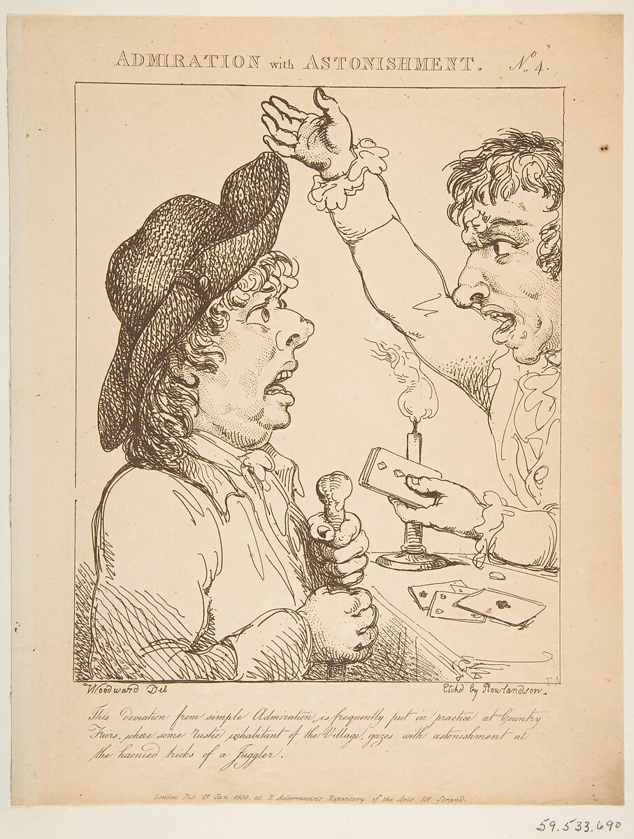 Admiration with Astonishment (Le Brun Travested, or Caricatures of the Passions), Thomas Rowlandson (British, London 1757–1827 London), Etching, printed in brown ink 