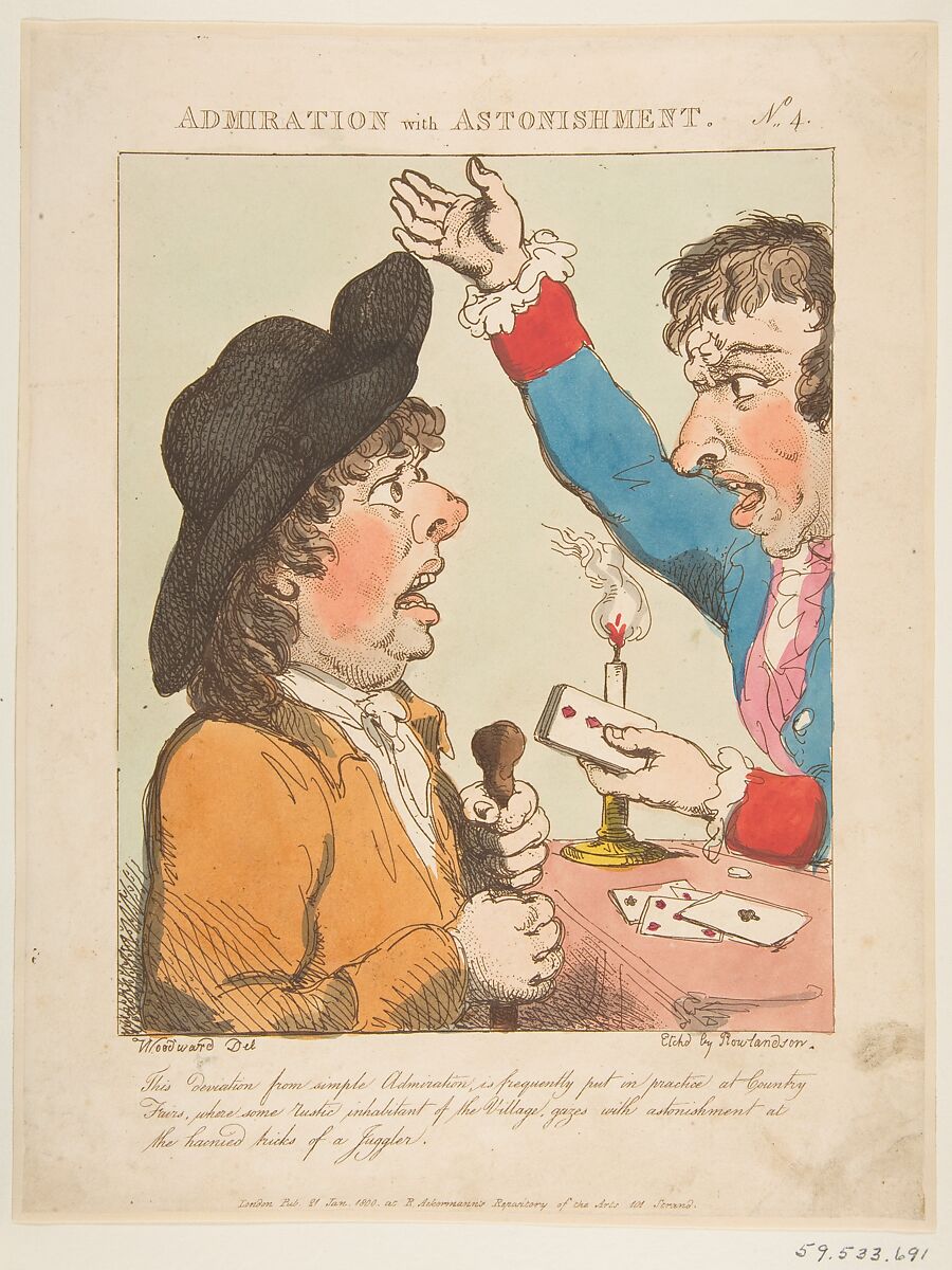 Admiration with Astonishment (Le Brun Travested, or Caricatures of the Passions), Thomas Rowlandson (British, London 1757–1827 London), Hand-colored etching, printed in brown ink 