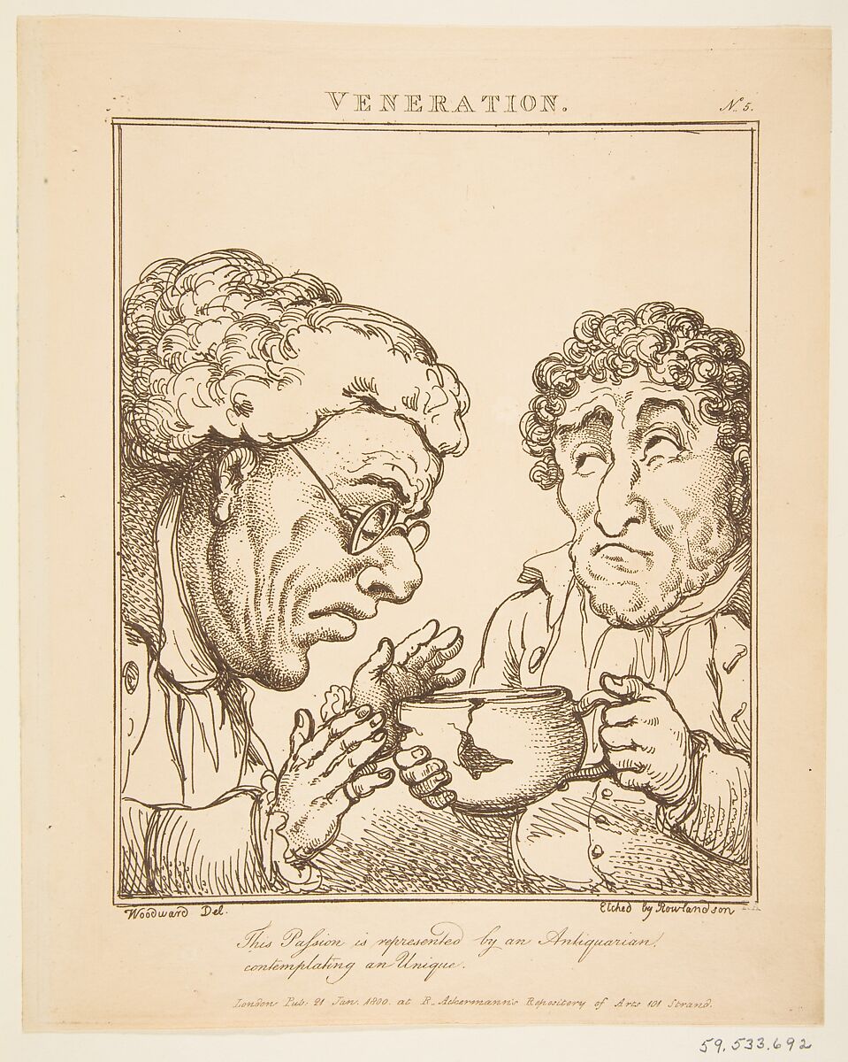 Veneration (Le Brun Travested, or Caricatures of the Passions), Thomas Rowlandson (British, London 1757–1827 London), Etching, printed in brown ink 