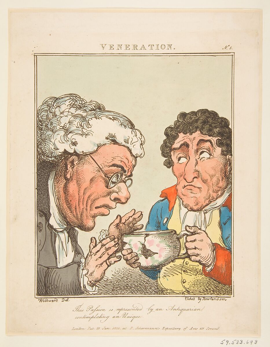 Veneration (Le Brun Travested, or Caricatures of the Passions), Thomas Rowlandson (British, London 1757–1827 London), Hand-colored etching, printed in brown ink 