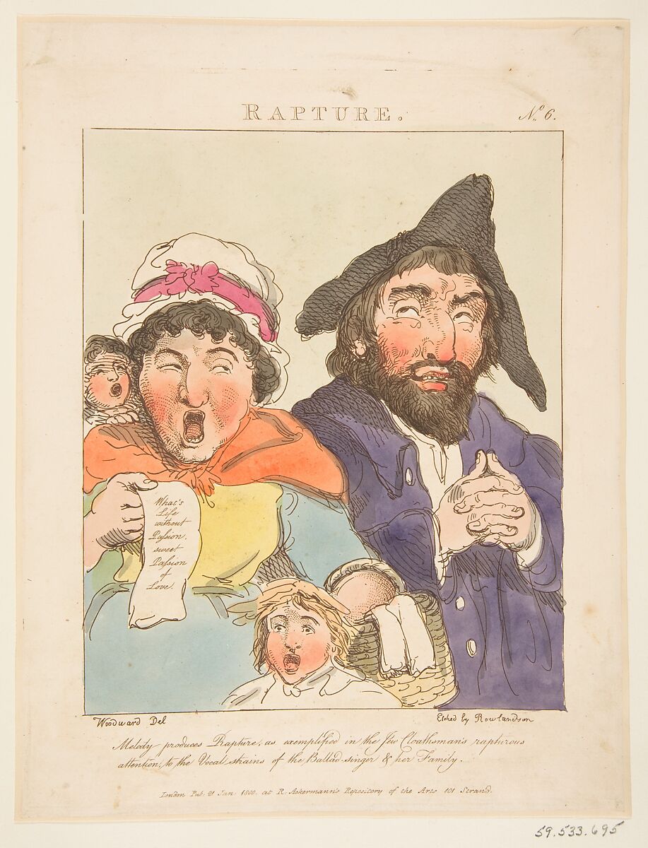 Rapture (Le Brun Travested, or Caricatures of the Passions), Thomas Rowlandson (British, London 1757–1827 London), Hand-colored etching, printed in brown ink 