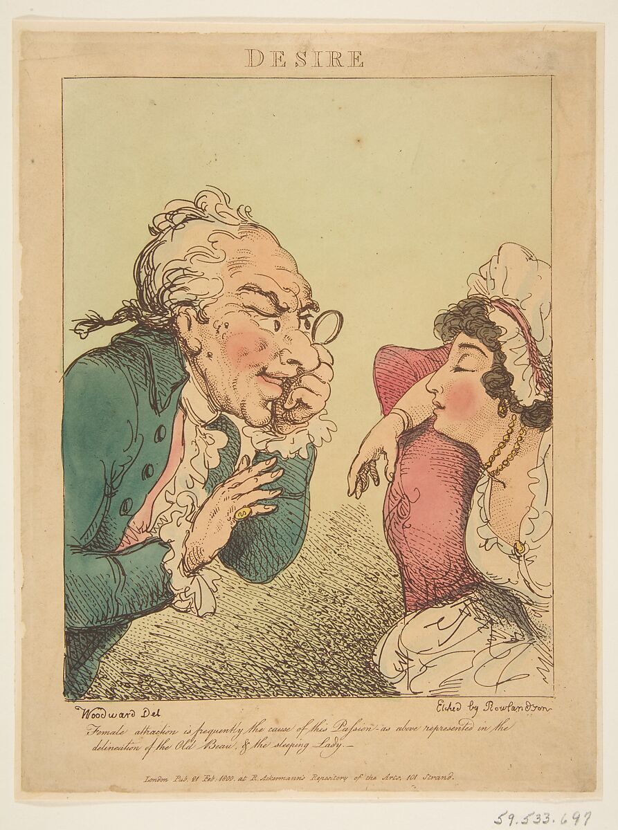 Desire (Le Brun Travested, or Caricatures of the Passions), Thomas Rowlandson (British, London 1757–1827 London), Hand-colored etching, printed in brown ink 