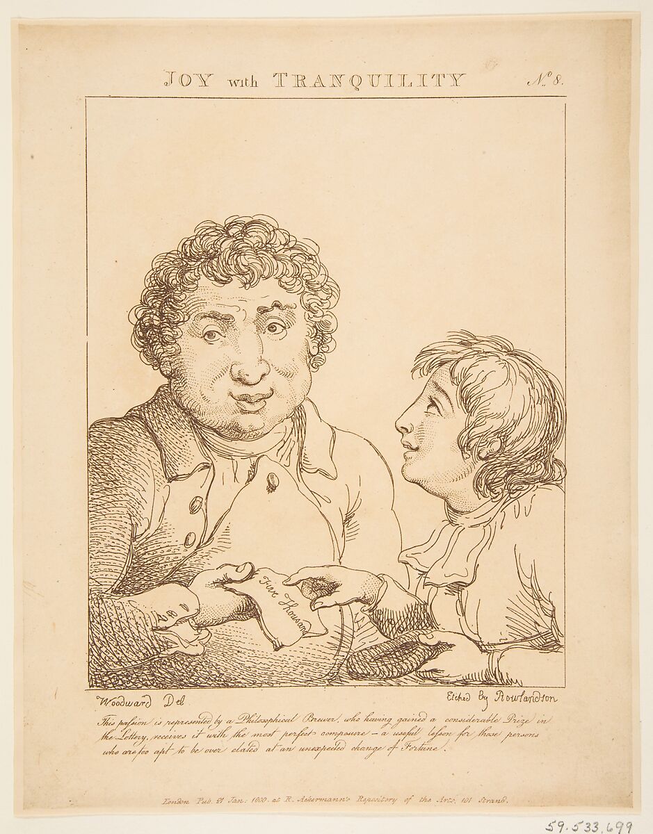 Joy with Tranquility (Le Brun Travested, or Caricatures of the Passions), Thomas Rowlandson (British, London 1757–1827 London), Etching, printed in brown ink 