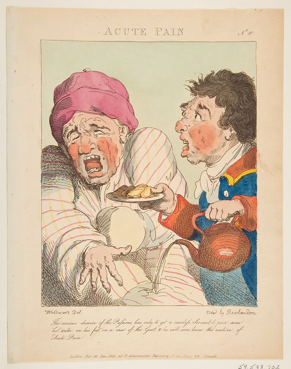 Acute Pain (Le Brun Travested, or Caricatures of the Passions), Thomas Rowlandson (British, London 1757–1827 London), Etching, printed in brown ink, hand-colored 