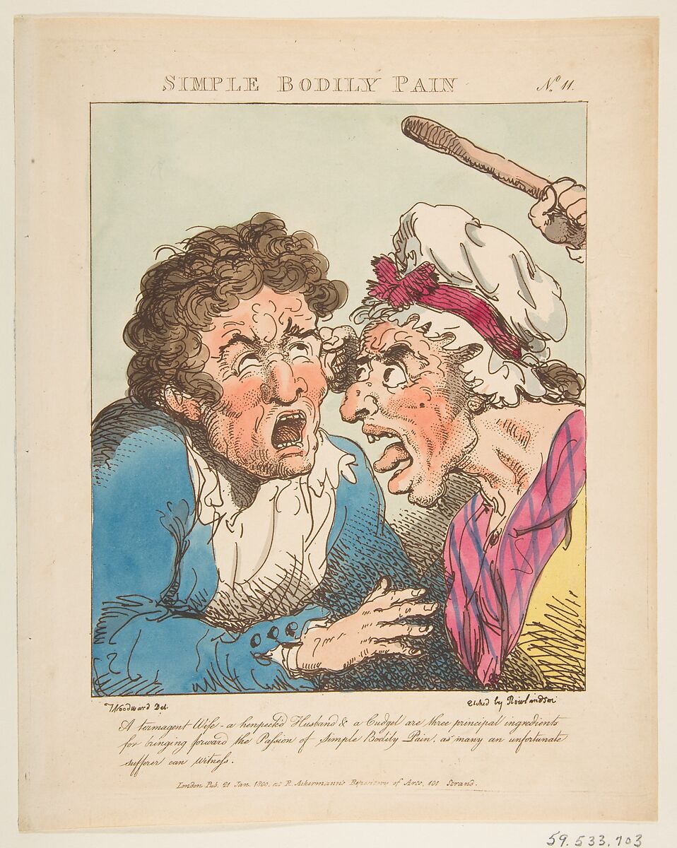 Simple Bodily Pain, Thomas Rowlandson (British, London 1757–1827 London), Hand-colored etching, printed in brown ink 