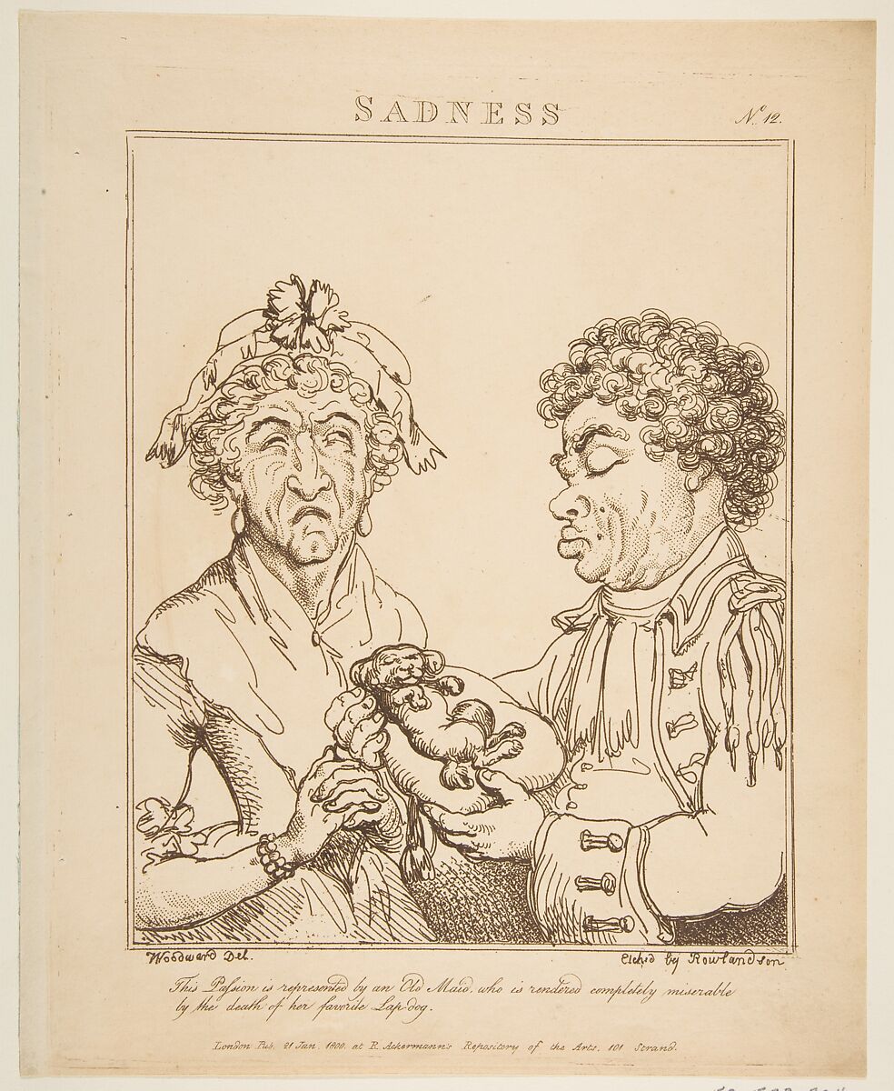 Sadness (Le Brun Travested, or Caricatures of the Passions), Thomas Rowlandson (British, London 1757–1827 London), Etching, printed in brown ink 