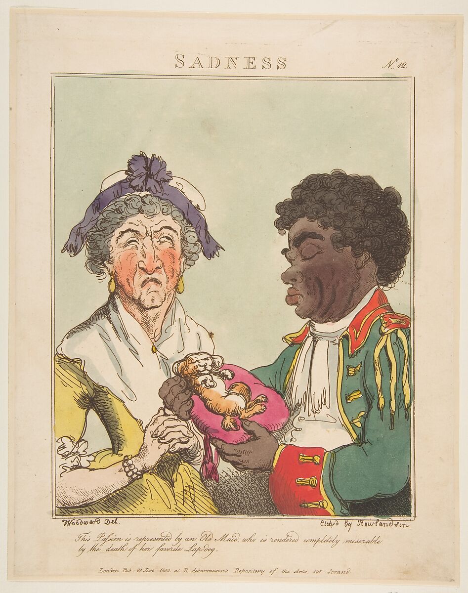 Sadness (Le Brun Travested, or Caricatures of the Passions), Thomas Rowlandson (British, London 1757–1827 London), Hand-colored etching, printed in brown ink 