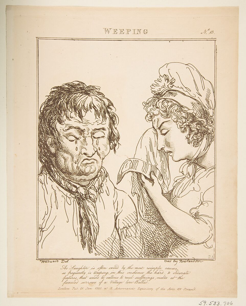Weeping (Le Brun Travested, or Caricatures of the Passions), Thomas Rowlandson (British, London 1757–1827 London), Etching, printed in brown ink 